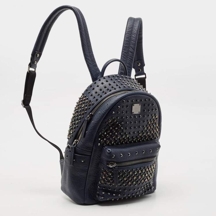Pre Owned MCM Navy Blue Leather Diamond Studs Stark Backpack