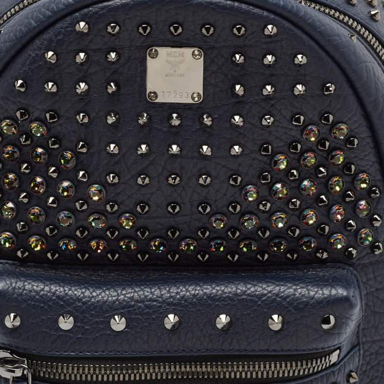 Pre Owned MCM Navy Blue Leather Diamond Studs Stark Backpack