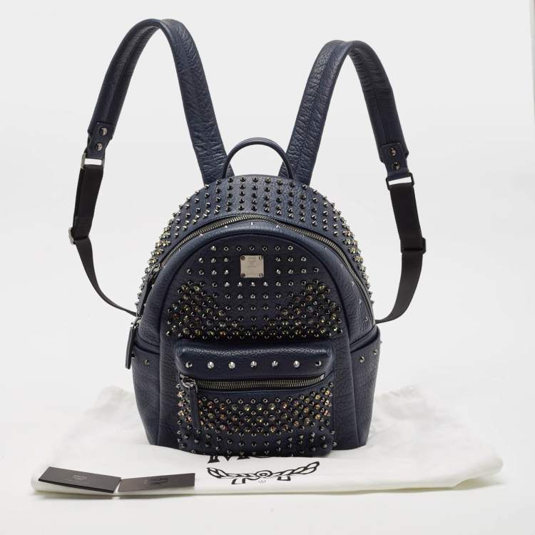 Pre Owned MCM Navy Blue Leather Diamond Studs Stark Backpack