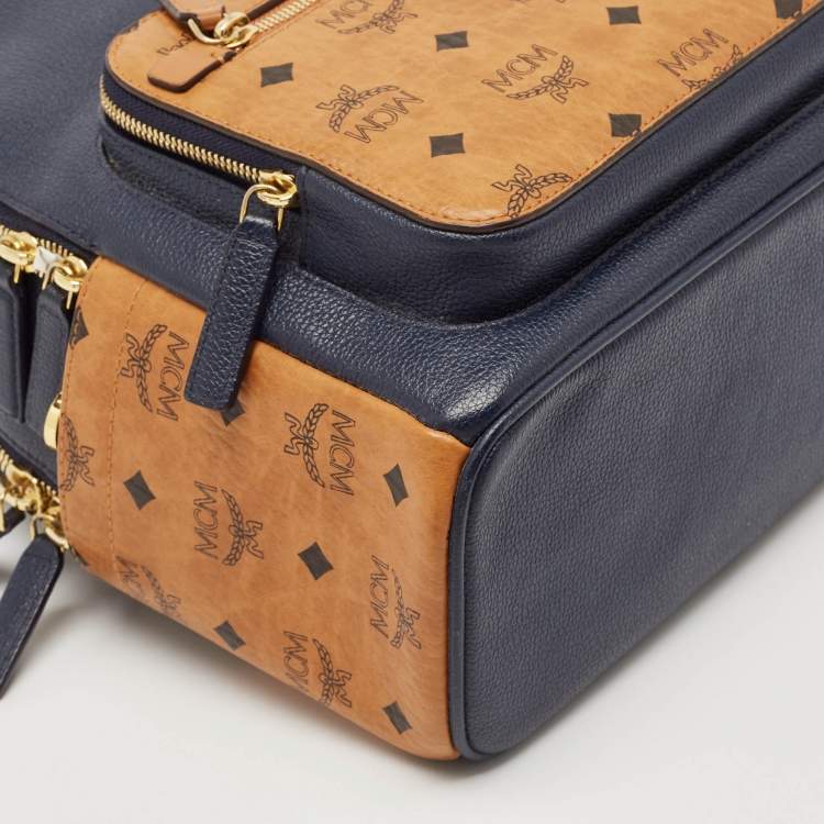 Pre Owned MCM Navy Blue/Tan Leather and Stark Visetos Coated Canvas Backpack