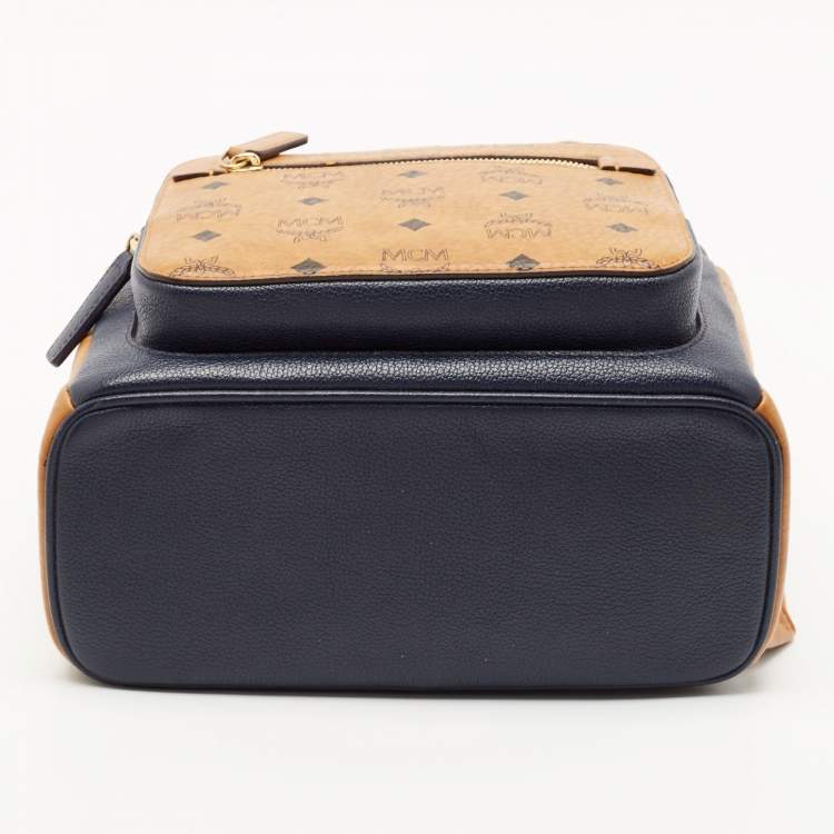 Pre Owned MCM Navy Blue/Tan Leather and Stark Visetos Coated Canvas Backpack