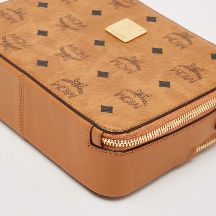 Pre Owned MCM Cognac Visetos Coated Canvas and Leather Double Zip Camera Crossbody Bag