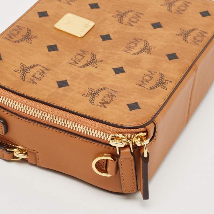 Pre Owned MCM Cognac Visetos Coated Canvas and Leather Double Zip Camera Crossbody Bag
