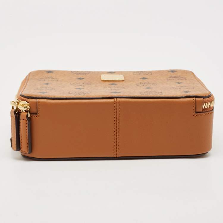 Pre Owned MCM Cognac Visetos Coated Canvas and Leather Double Zip Camera Crossbody Bag
