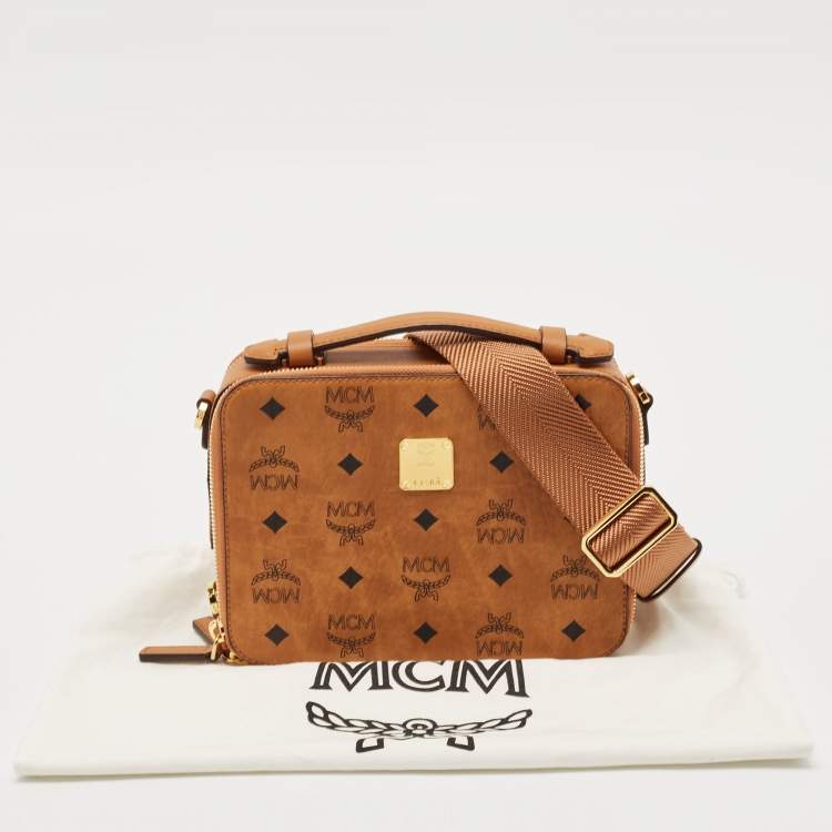 Pre Owned MCM Cognac Visetos Coated Canvas and Leather Double Zip Camera Crossbody Bag