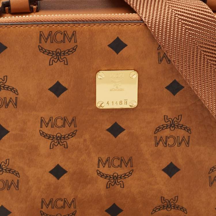 Pre Owned MCM Cognac Visetos Coated Canvas and Leather Double Zip Camera Crossbody Bag