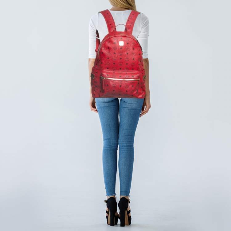 Pre Owned MCM Red Visetos Coated Canvas and Leather Large Studs Stark Backpack  