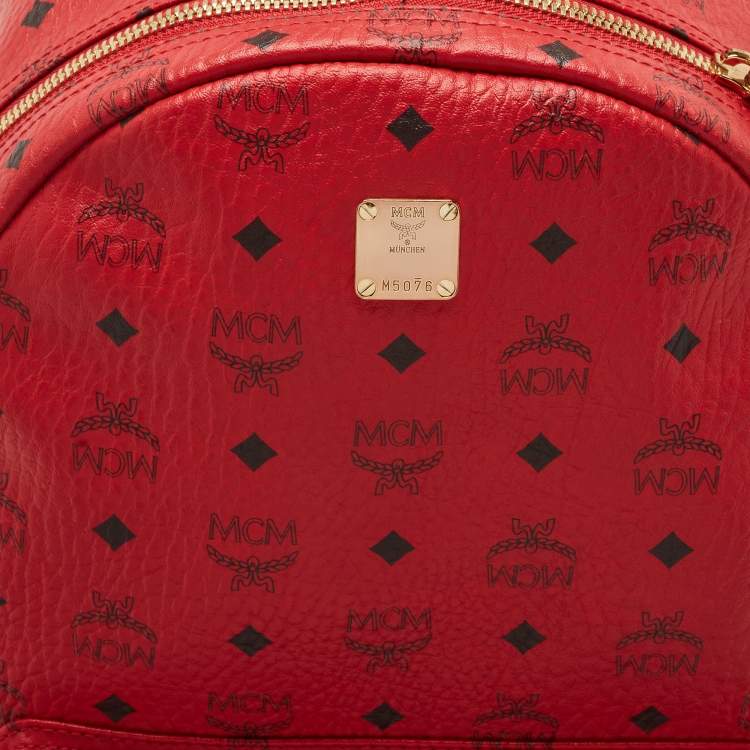 Pre Owned MCM Red Visetos Coated Canvas and Leather Large Studs Stark Backpack  