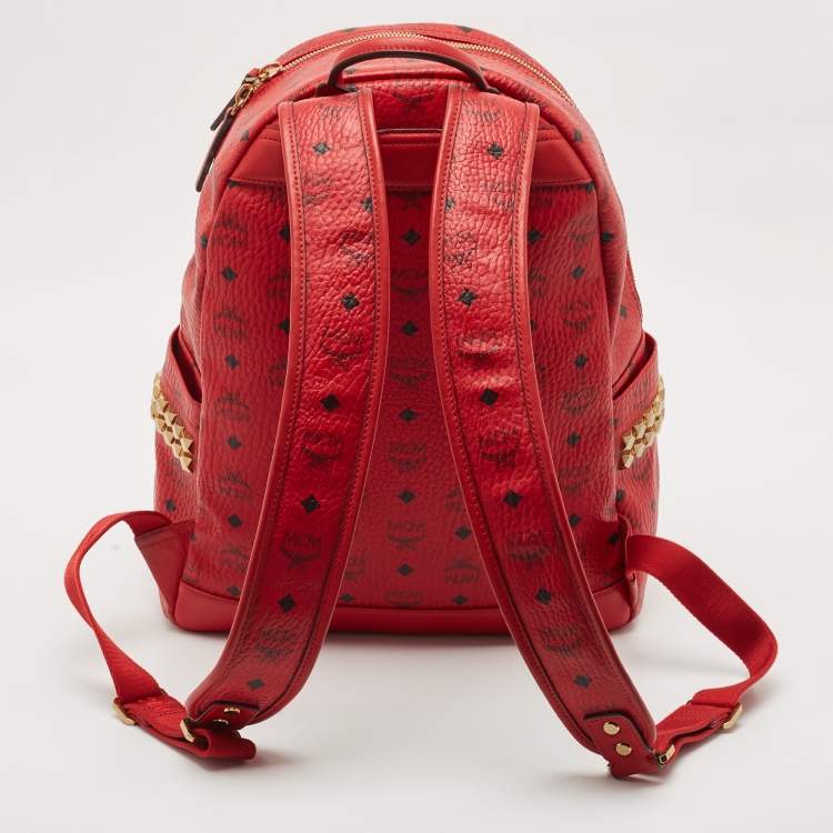 Pre Owned MCM Red Visetos Coated Canvas and Leather Large Studs Stark Backpack  