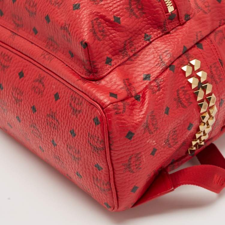 Pre Owned MCM Red Visetos Coated Canvas and Leather Large Studs Stark Backpack  