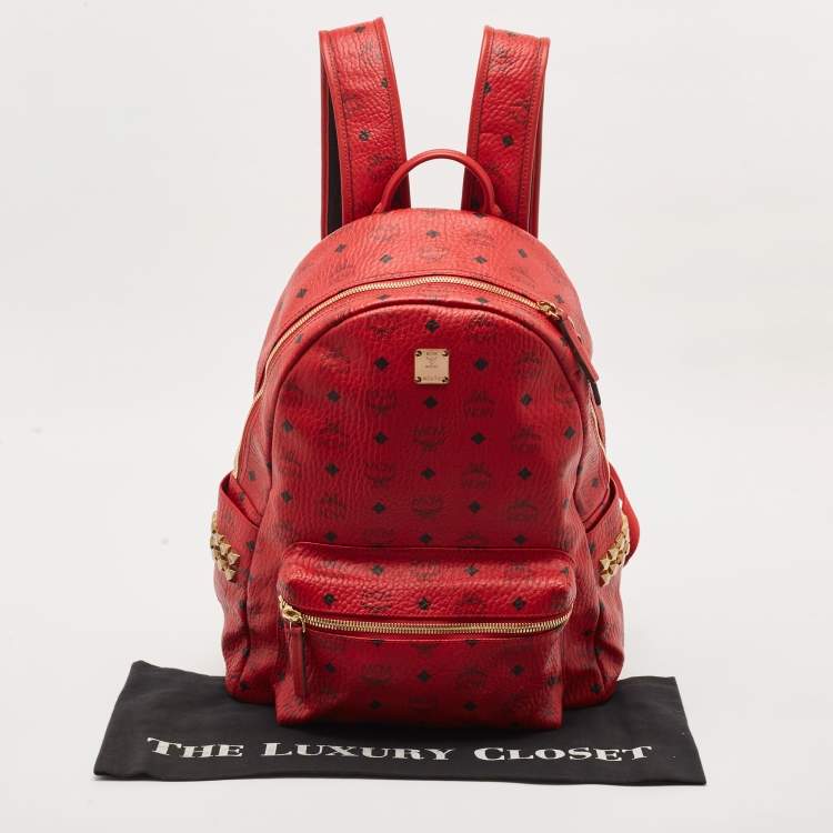 Pre Owned MCM Red Visetos Coated Canvas and Leather Large Studs Stark Backpack  