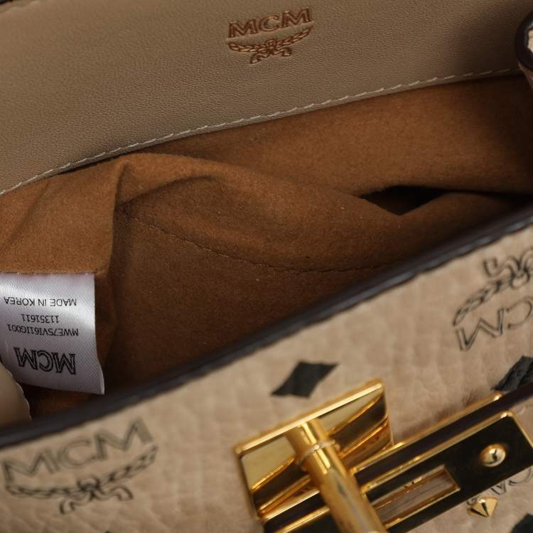 Pre Owned MCM Beige Visetos Coated Canvas and Leather Mini Heritage Top Handle Bag
