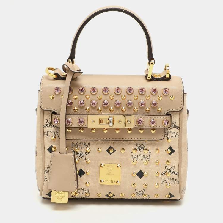 Pre Owned MCM Beige Visetos Coated Canvas and Leather Mini Heritage Top Handle Bag