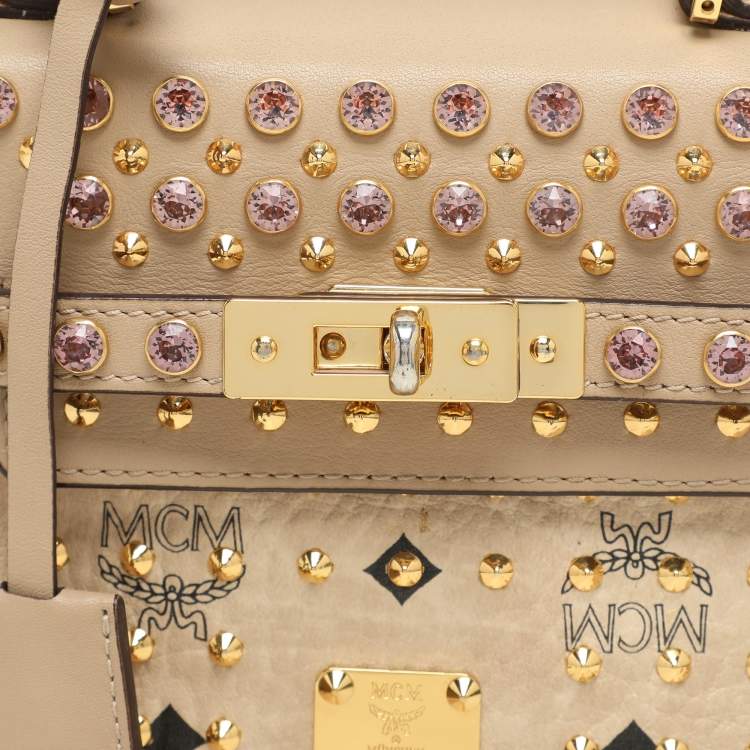 Pre Owned MCM Beige Visetos Coated Canvas and Leather Mini Heritage Top Handle Bag
