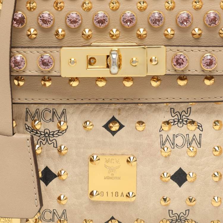 Pre Owned MCM Beige Visetos Coated Canvas and Leather Mini Heritage Top Handle Bag