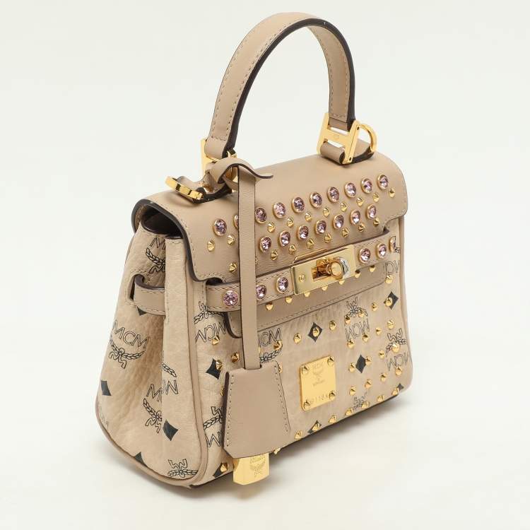 Pre Owned MCM Beige Visetos Coated Canvas and Leather Mini Heritage Top Handle Bag