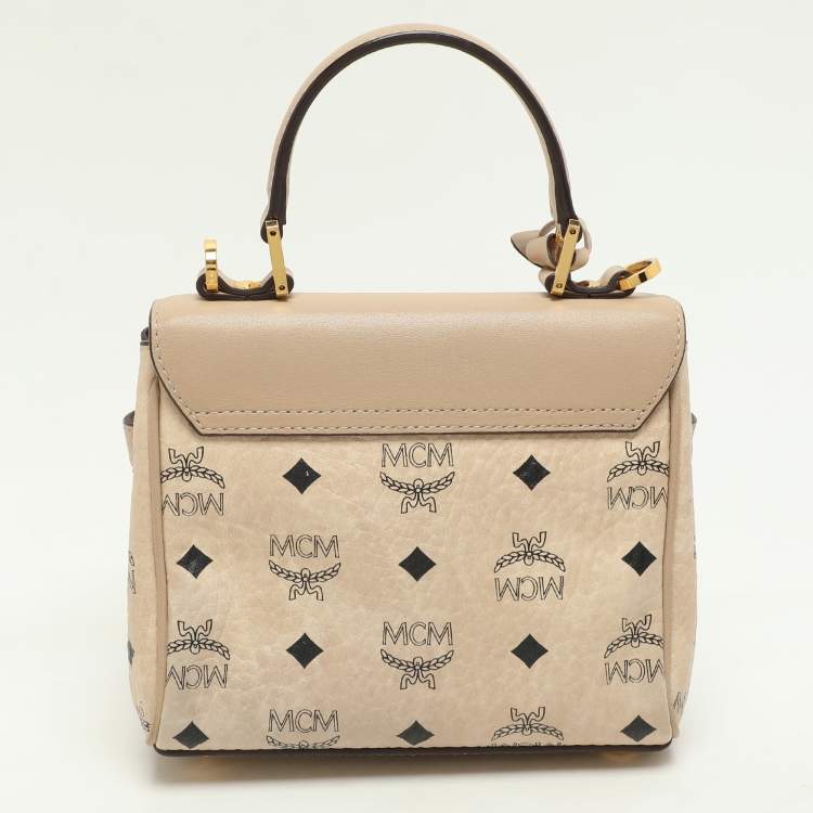 Pre Owned MCM Beige Visetos Coated Canvas and Leather Mini Heritage Top Handle Bag