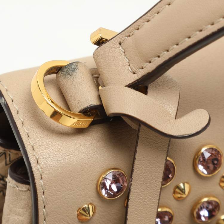 Pre Owned MCM Beige Visetos Coated Canvas and Leather Mini Heritage Top Handle Bag