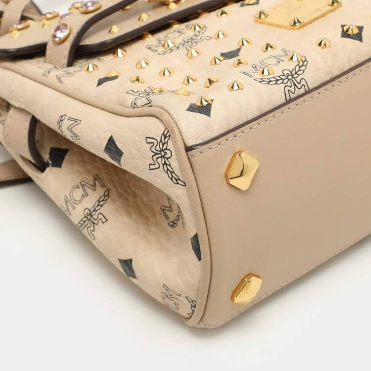 Pre Owned MCM Beige Visetos Coated Canvas and Leather Mini Heritage Top Handle Bag