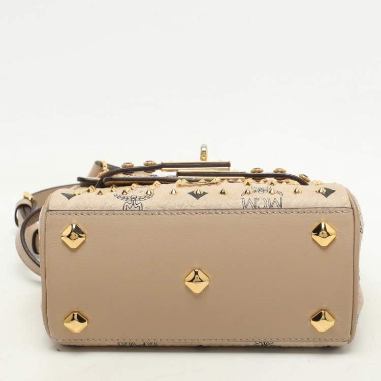 Pre Owned MCM Beige Visetos Coated Canvas and Leather Mini Heritage Top Handle Bag