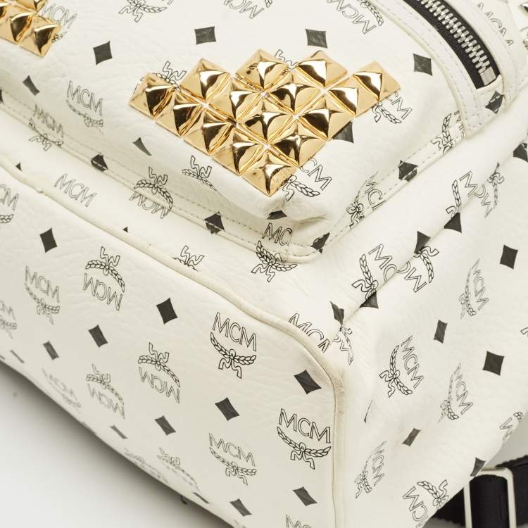 Pre Owned MCM White/Black Visetos Coated Canvas Medium Studded Stark Backpack
