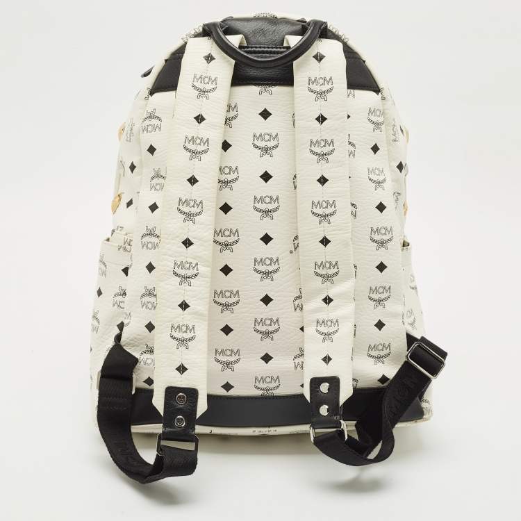 Pre Owned MCM White/Black Visetos Coated Canvas Medium Studded Stark Backpack