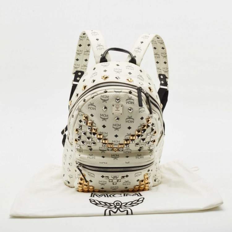 Pre Owned MCM White/Black Visetos Coated Canvas Medium Studded Stark Backpack