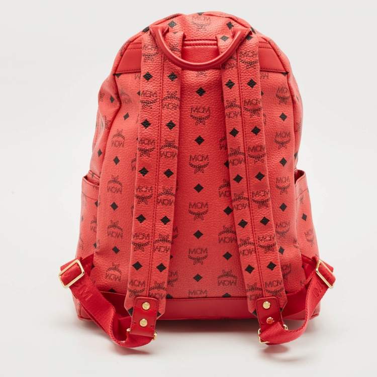 Pre Owned MCM Red Visetos Coated Canvas Large Studded Stark Backpack  