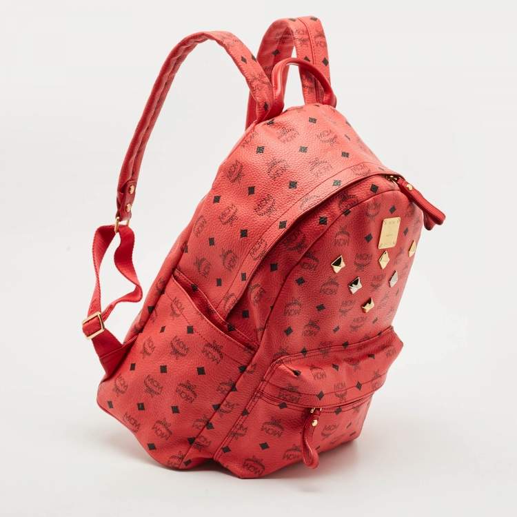 Pre Owned MCM Red Visetos Coated Canvas Large Studded Stark Backpack  