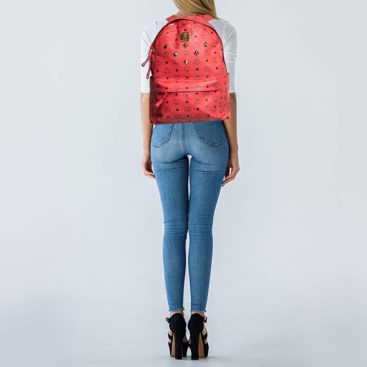 Pre Owned MCM Red Visetos Coated Canvas Large Studded Stark Backpack  