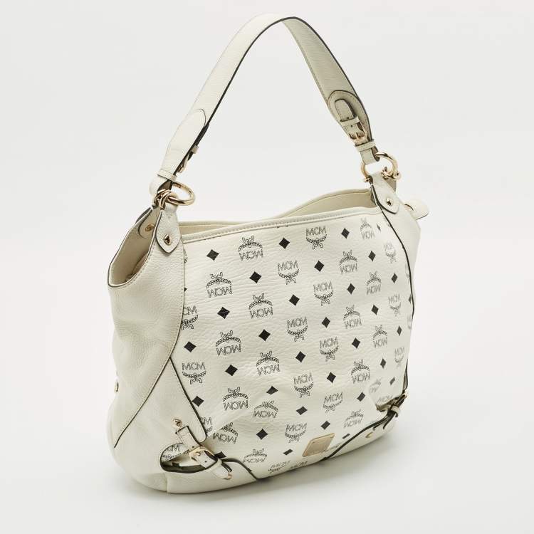 مملوكة مسبقًا MCM White Visetos Coated Canvas and Leather Buckle Hobo