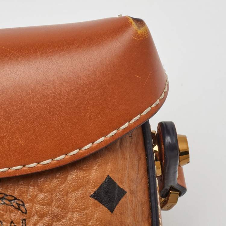 Pre Owned MCM Tan Visetos Coated Canvas and Leather Berlin Convertible Box Bag