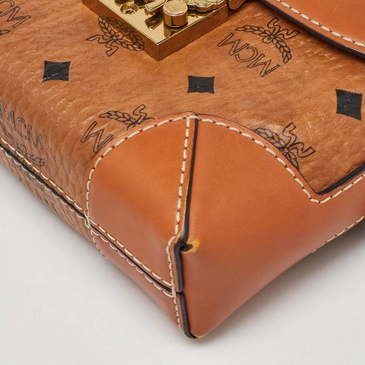 Pre Owned MCM Tan Visetos Coated Canvas and Leather Berlin Convertible Box Bag