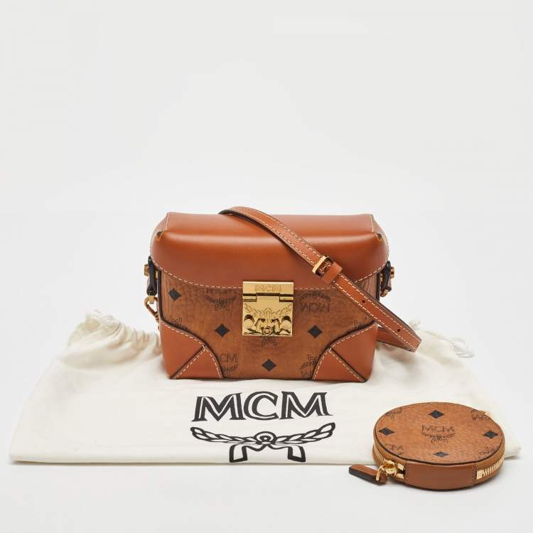 Pre Owned MCM Tan Visetos Coated Canvas and Leather Berlin Convertible Box Bag