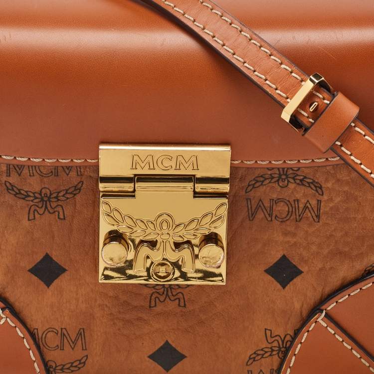 Pre Owned MCM Tan Visetos Coated Canvas and Leather Berlin Convertible Box Bag