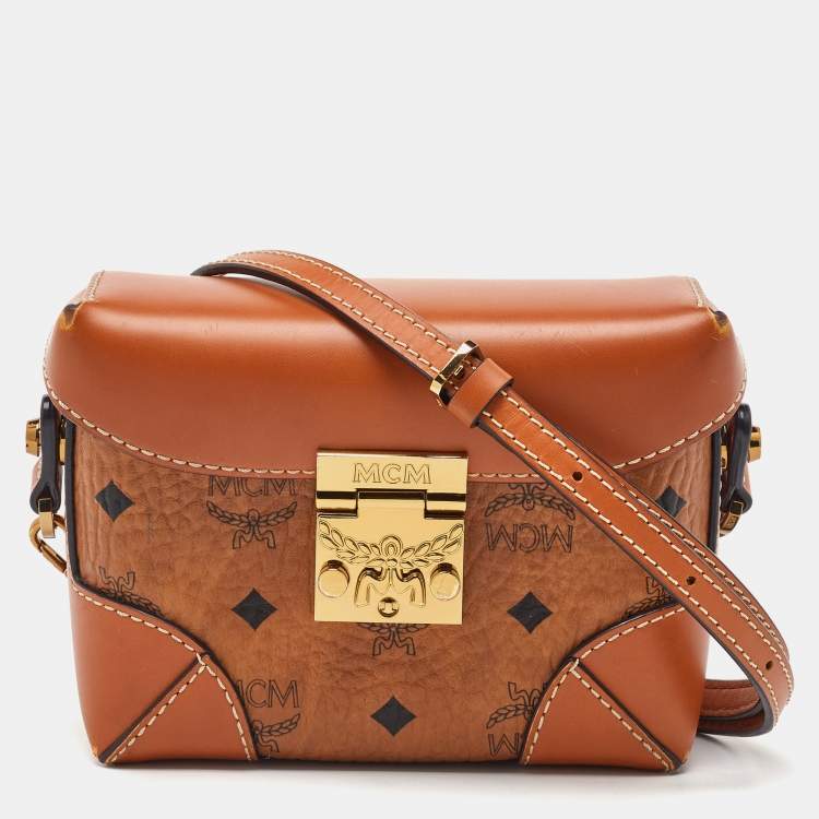 Pre Owned MCM Tan Visetos Coated Canvas and Leather Berlin Convertible Box Bag