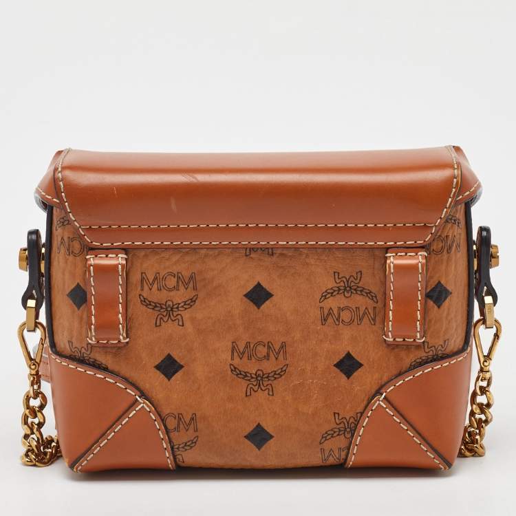 Pre Owned MCM Tan Visetos Coated Canvas and Leather Berlin Convertible Box Bag