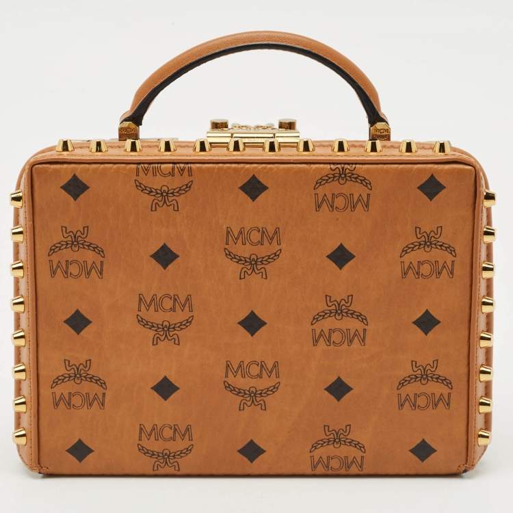 Pre Owned MCM Cognac Visetos Coated Canvas and Leather Berlin Box Bag