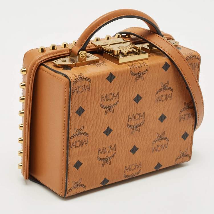 Pre Owned MCM Cognac Visetos Coated Canvas and Leather Berlin Box Bag
