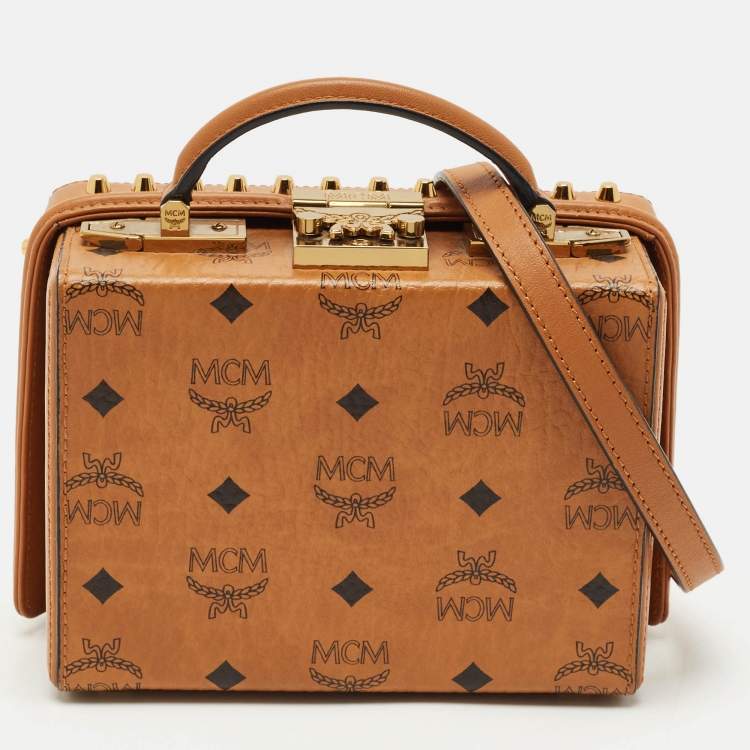 Pre Owned MCM Cognac Visetos Coated Canvas and Leather Berlin Box Bag