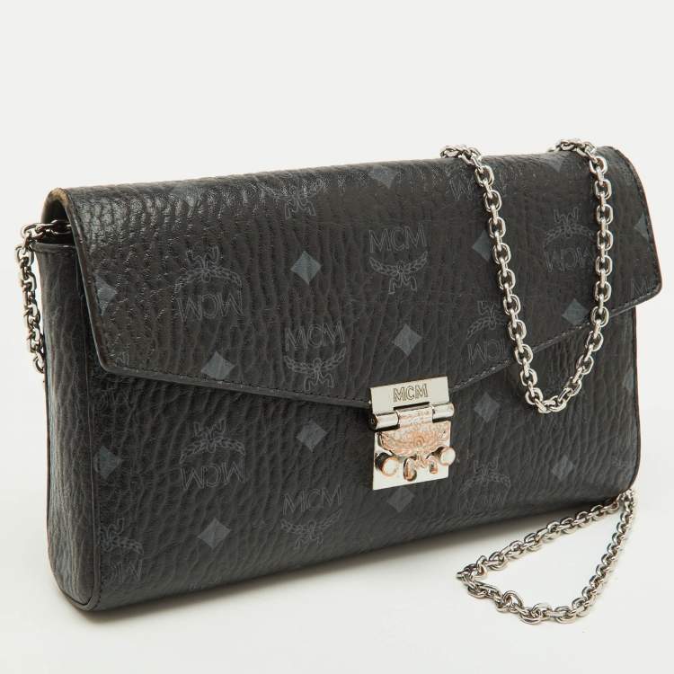 Pre Owned MCM Black Visetos Coated Canvas Patricia Flap Shoulder Bag