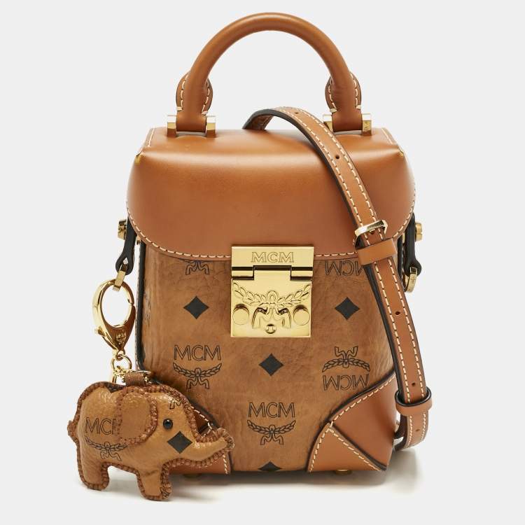 Pre Owned MCM Cognac Visetos Coated Canvas Mini Berlin Crossbody Bag