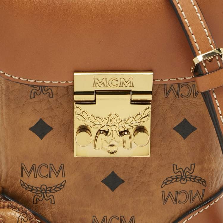 Pre Owned MCM Cognac Visetos Coated Canvas Mini Berlin Crossbody Bag
