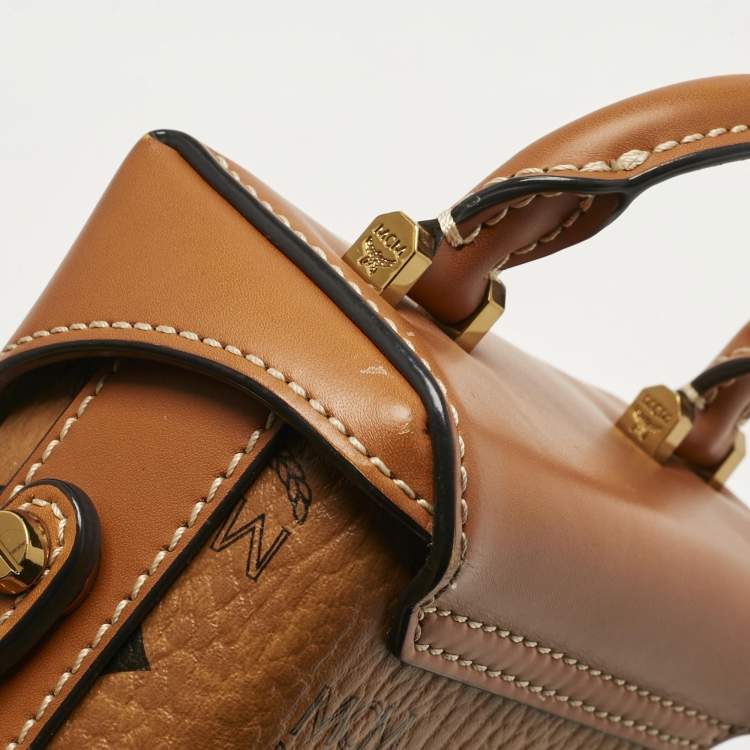 Pre Owned MCM Cognac Visetos Coated Canvas Mini Berlin Crossbody Bag