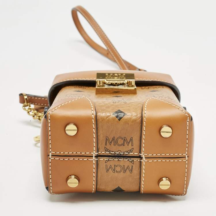 Pre Owned MCM Cognac Visetos Coated Canvas Mini Berlin Crossbody Bag