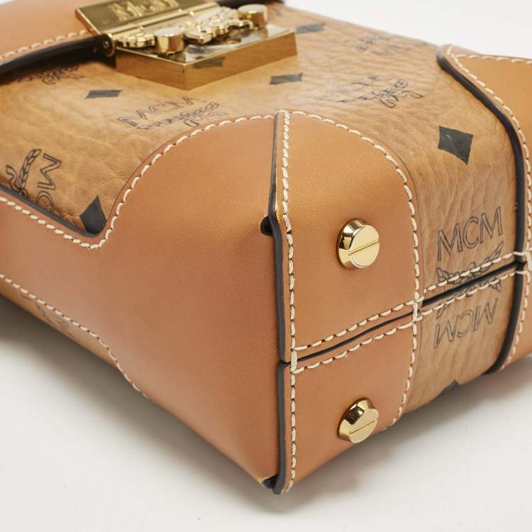 Pre Owned MCM Cognac Visetos Coated Canvas Mini Berlin Crossbody Bag