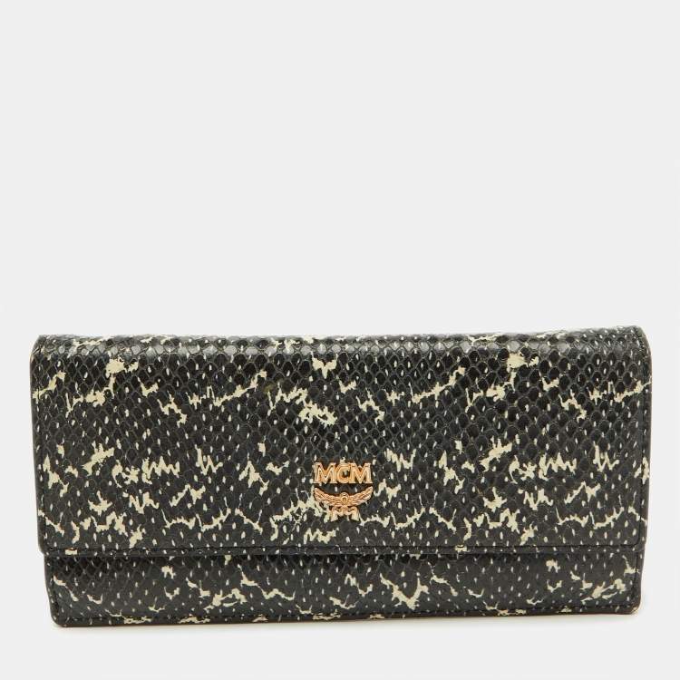 Pre Owned MCM Black/White Snakeskin Embossed Leather Continental Wallet