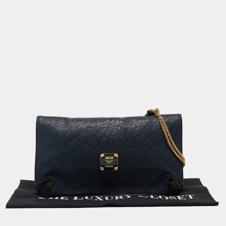 Pre Owned MCM Navy Blue/Brown Coated Raffia and Patent Leather Flap Shoulder Bag