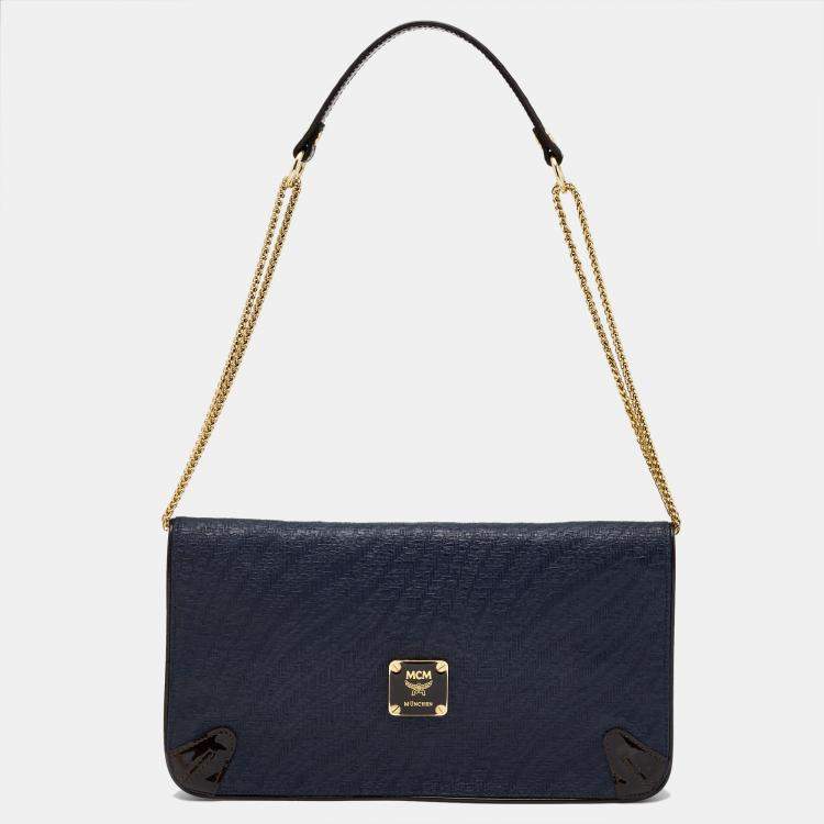 Pre Owned MCM Navy Blue/Brown Coated Raffia and Patent Leather Flap Shoulder Bag