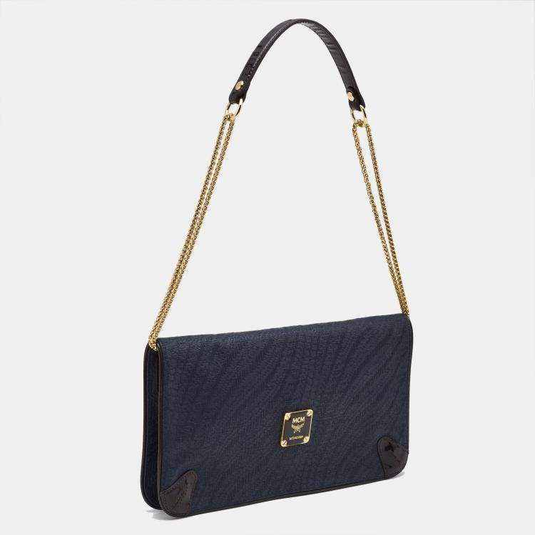 Pre Owned MCM Navy Blue/Brown Coated Raffia and Patent Leather Flap Shoulder Bag